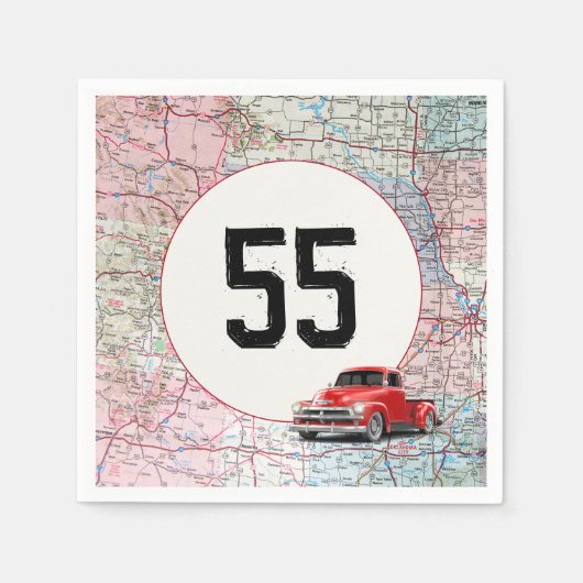 55th Birthday Red Retro Truck op Road Map Servet (Voorkant)