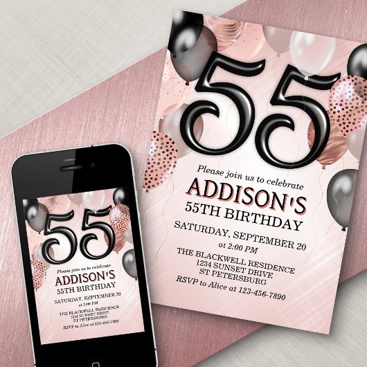 55th Birthday Roos Gouden Ballonnen Uitnodiging