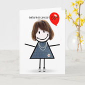 55th Birthday Stick Figuur Girl met rode ballon Kaart (Gele Bloem)