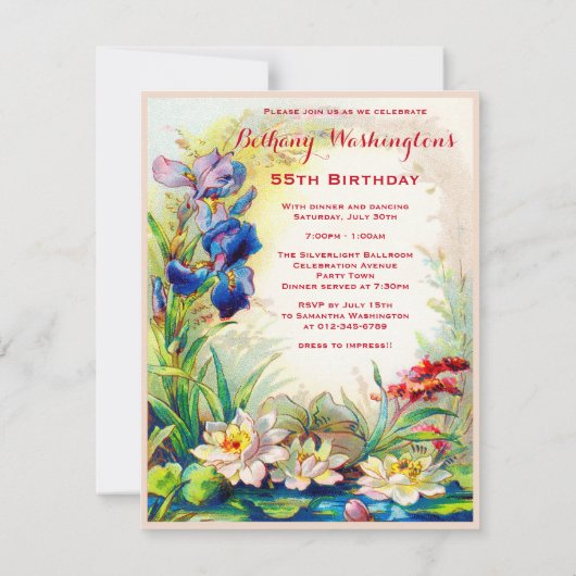 55th Birthday  Waterlilies en Iris Flowers Kaart (Achterkant)