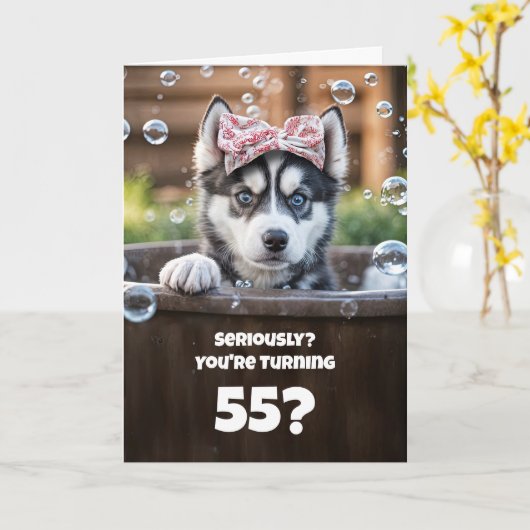 55th Cute and Humorous Husky Dog Bath Kaart (Gele Bloem)