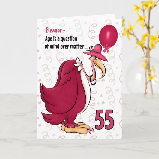 55th Funny Birthday Pink Buzzard met Name Kaart (Gele Bloem)