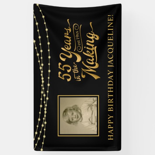 55th Verjaardag Zwart en Goud String Lights Foto Spandoek (Verticaal)