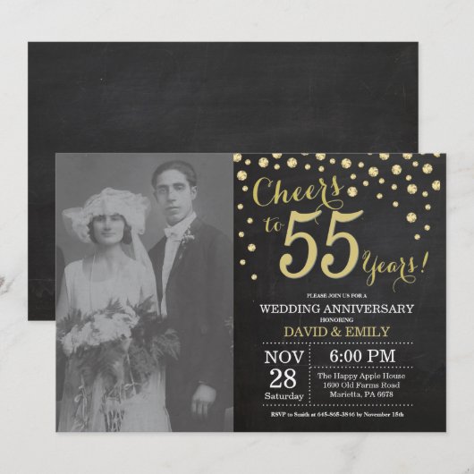 55th Wedding Jubileum Chalkboard Black en Gold Kaart (Voorkant / Achterkant)