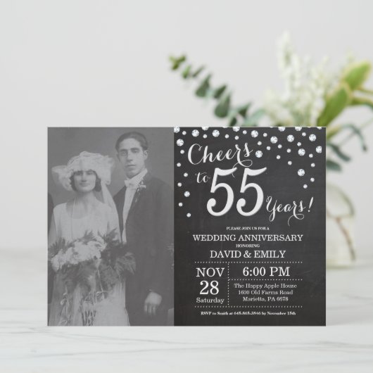 55th Wedding Jubileum Chalkboard Black Silver Kaart (Staand voorkant)