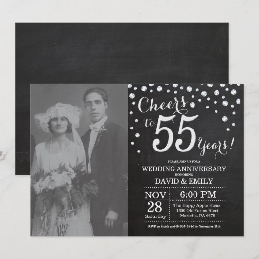 55th Wedding Jubileum Chalkboard Black Silver Kaart (Voorkant / Achterkant)