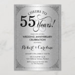 55th Wedding Jubileum - Silver Black Damask Kaart<br><div class="desc">Uitnodiging voor 55e Jubileum bruiloft. Elegant  ontwerp met demaspatroon en faux glitter Silver. Voorziet zwarte manuscriptdoopvont. Cheers tot 55 jaar! Kan gepersonaliseerd worden in elk jaar van het huwelijk! Bericht me als u verdere aanpassing nodig hebt.</div>