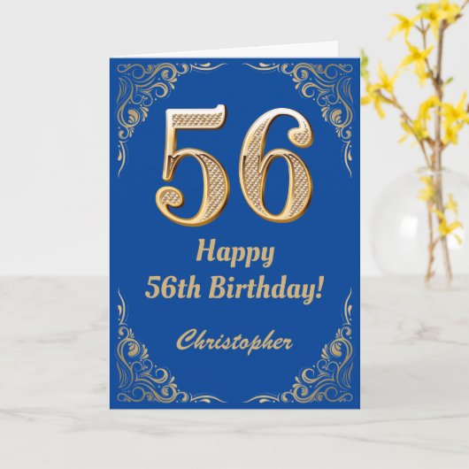 56e Birthday Blue en Gold Glitter Lijst Kaart (Gele Bloem)