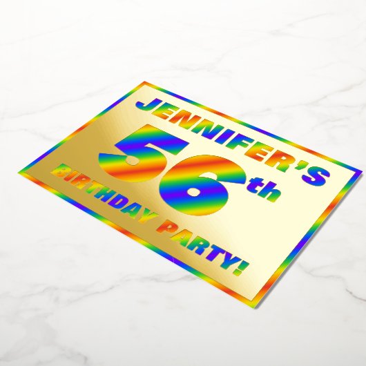 56e Birthday Party — Fun, regenboogspectrum "56" Folie Uitnodiging (Gedraaid)