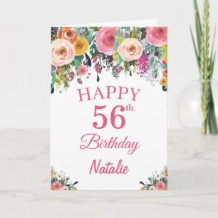 56e Birthday Waterverf Floral Flowers Pink Card Kaart