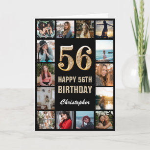 56e Happy Birthday Black en Gold Photo Collage Kaart