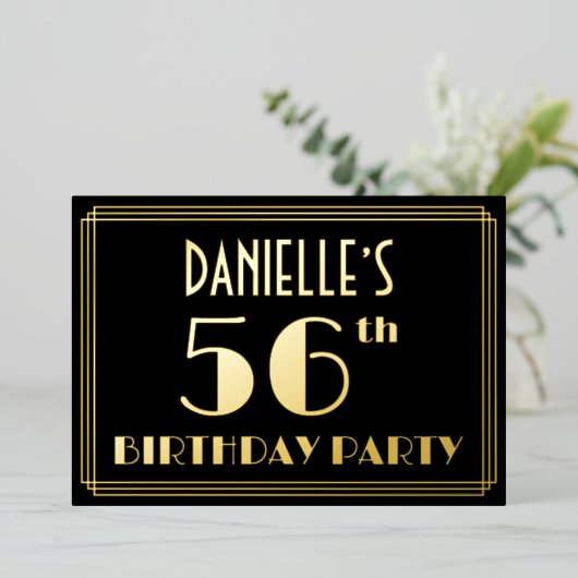 56e verjaardag: Art Deco Kijk "56", met naam Folie Uitnodiging (Staand Voorkant)