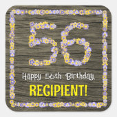 56e verjaardag: Bloemennummer, Faux Wood Look, Naa Vierkante Sticker (Voorkant)