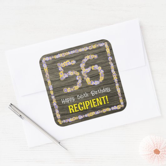 56e verjaardag: Bloemennummer, Faux Wood Look, Naa Vierkante Sticker (Envelop)
