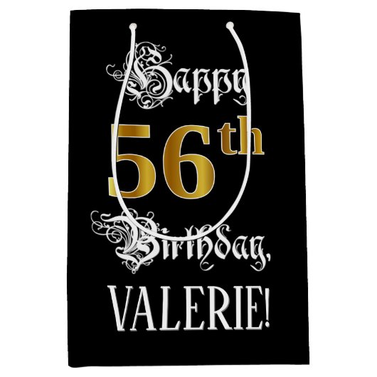 56e verjaardag ~ Fancy script; Faux Gold look; naa Medium Cadeauzakje (Voorkant)