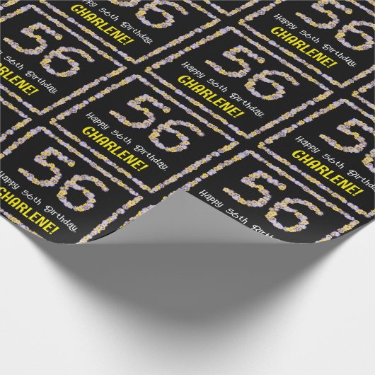 56e verjaardag: Floral Flowers Number, Custom Name Cadeaupapier (Hoek)