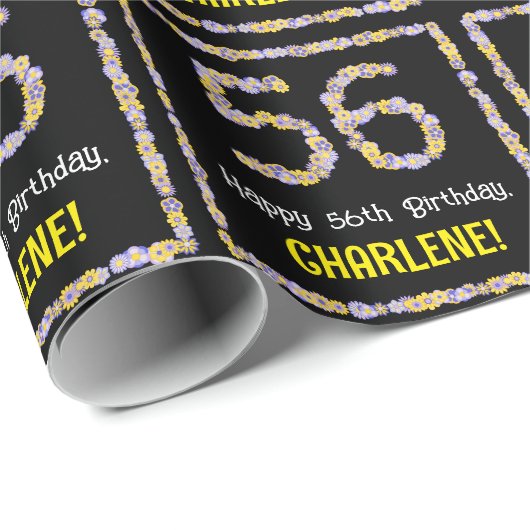 56e verjaardag: Floral Flowers Number, Custom Name Cadeaupapier (Rol Hoek)