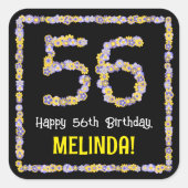 56e verjaardag: Floral Flowers Number, Custom Name Vierkante Sticker (Voorkant)