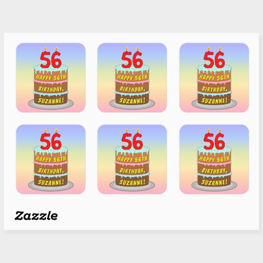 56e verjaardag: Fun Cake and Candles + Custom Name Vierkante Sticker (Vel)