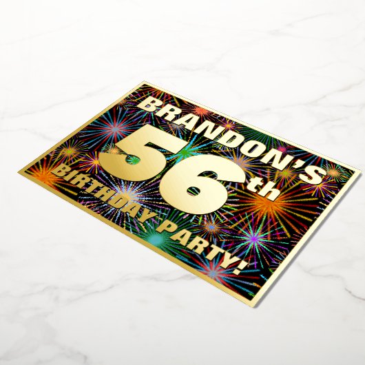 56e verjaardag — Fun, kleurrijke Fireworks look Folie Uitnodiging (Gedraaid)