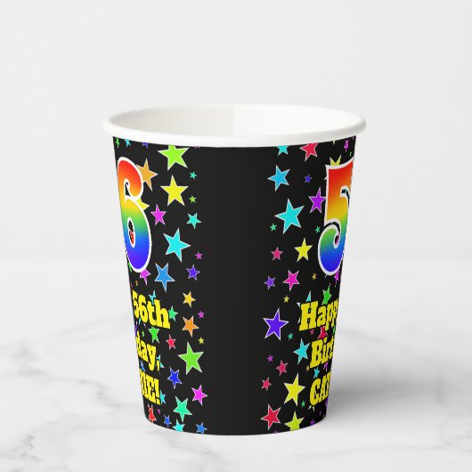 56e verjaardag: Fun Stars Pattern en Rainbow 56 Papieren Bekers (Links)