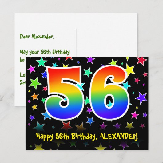56e verjaardag: Fun Stars Pattern, Rainbow 56, Naa Briefkaart (Voorkant / Achterkant)