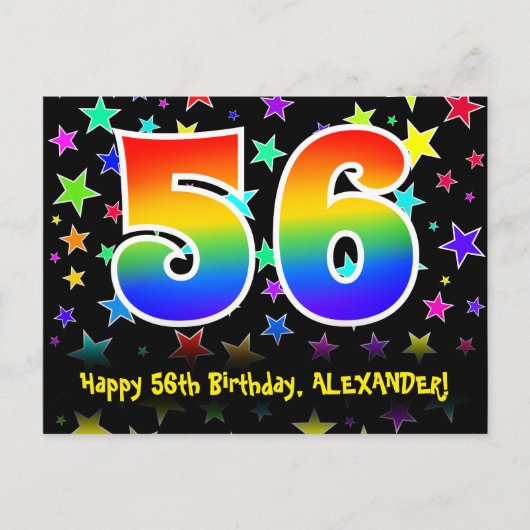 56e verjaardag: Fun Stars Pattern, Rainbow 56, Naa Briefkaart (Voorkant)