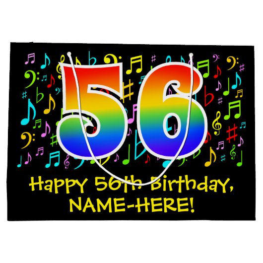 56e verjaardag - Kleurrijke muzieksymbolen, Rainbo Groot Cadeauzakje (Achterkant)