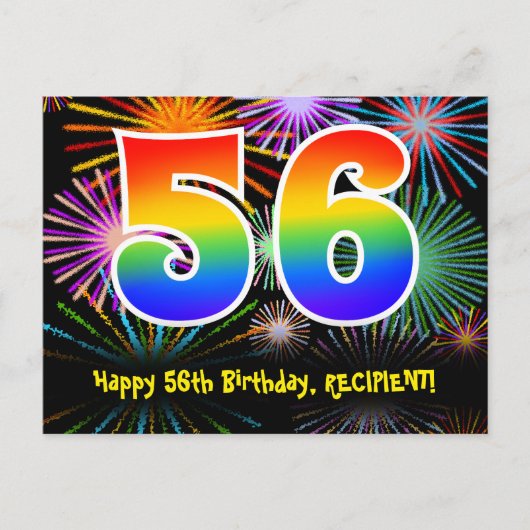 56e Verjaardag – Leuk Vuurwerkpatroon + Regenboog  Briefkaart (Voorkant)