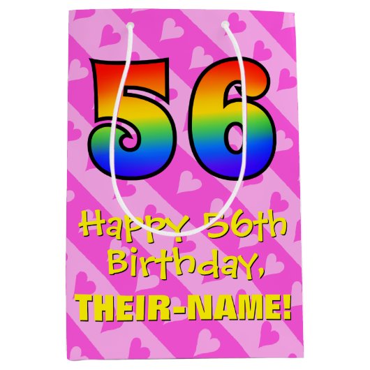 56e verjaardag: Leuke roze harten strepen; Regenbo Medium Cadeauzakje (Voorkant)