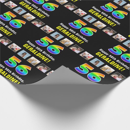 56e verjaardag: Regenboog "56"; Aangepaste foto's  Cadeaupapier (Hoek)