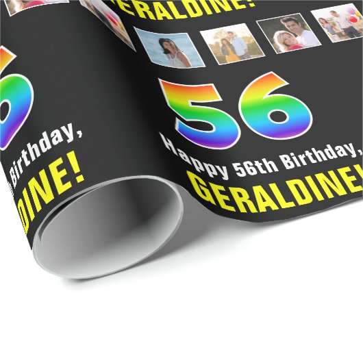 56e verjaardag: Regenboog "56"; Aangepaste foto's Cadeaupapier (Rol Hoek)