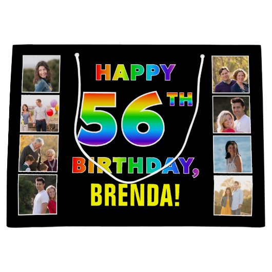56e verjaardag: regenboogtekst, aangepaste foto's  groot cadeauzakje (Voorkant)