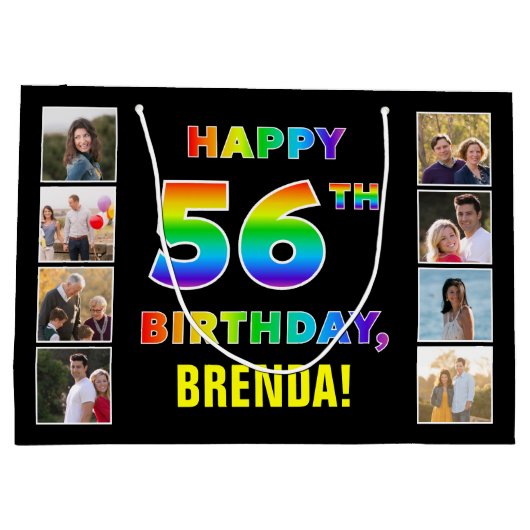 56e verjaardag: regenboogtekst, aangepaste foto's groot cadeauzakje (Achterkant)