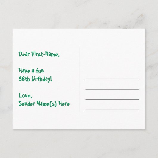 56e verjaardag: roze strepen & harten, regenboog 5 briefkaart (Achterkant)