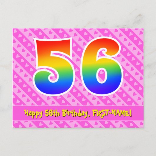56e verjaardag: roze strepen & harten, regenboog 5 briefkaart (Voorkant)