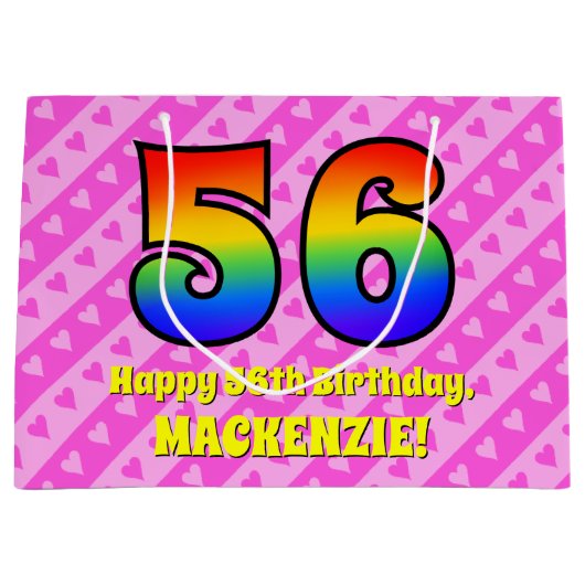 56e verjaardag: roze strepen & harten, regenboog # groot cadeauzakje (Voorkant)