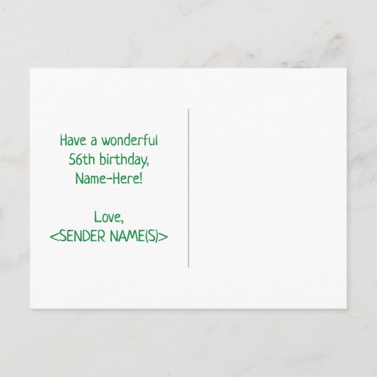 56e verjaardag: Vet, Vun, eenvoudig, regenboog 56 Briefkaart (Achterkant)