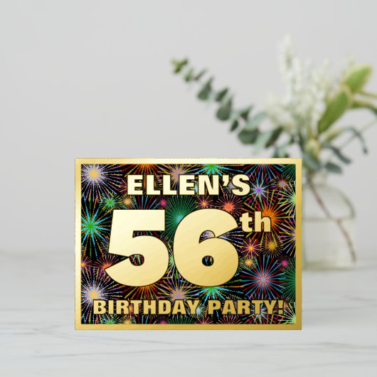 56e verjaardag: Vette, kleurrijke Fireworks-look Folie Uitnodiging Briefkaart (Staand Voorkant)