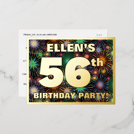56e verjaardag: Vette, kleurrijke Fireworks-look Folie Uitnodiging Briefkaart (Voorkant / Achterkant)