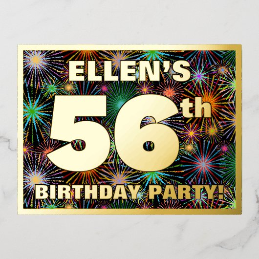 56e verjaardag: Vette, kleurrijke Fireworks-look Folie Uitnodiging Briefkaart (Voorkant)