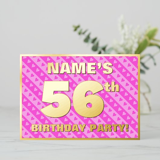 56e verjaardag — vuurroze harten en strips folie uitnodiging (Staand Voorkant)