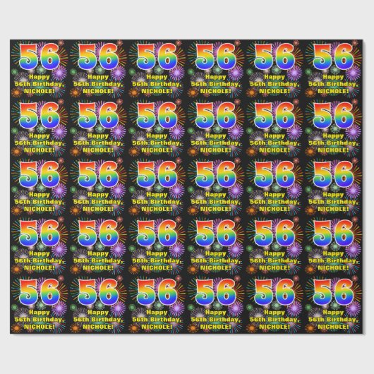 56e verjaardag: vuurwerk, regenboogblik # "56" cadeaupapier (Vlak)