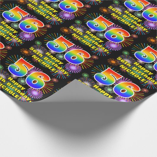 56e verjaardag: vuurwerk, regenboogblik # "56" cadeaupapier (Hoek)