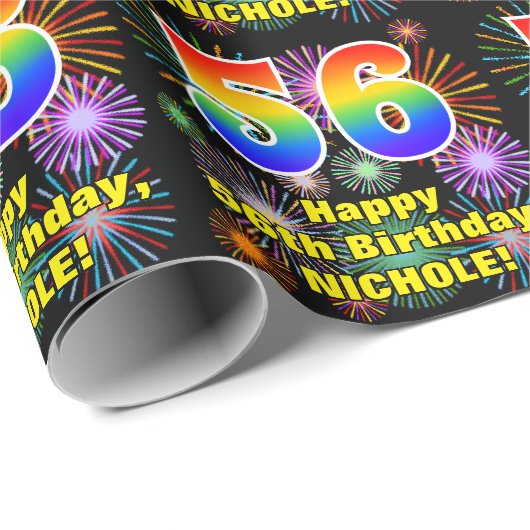56e verjaardag: vuurwerk, regenboogblik # "56" cadeaupapier (Rol Hoek)