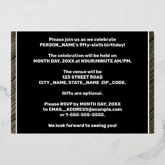 56e Verjaardagsfeest — Koutige, Nep Houtnerf Tekst Folie Uitnodiging (Achterkant)