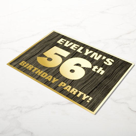 56e verjaardagsfeestje: Koutrelle, nep houtnerfpat Folie Uitnodiging (Gedraaid)