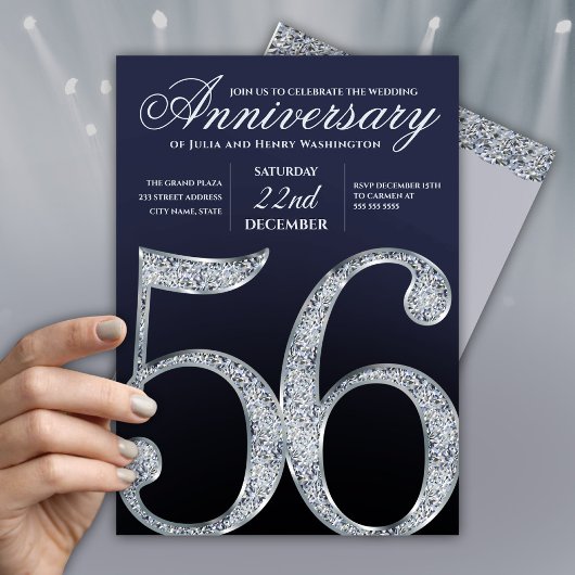 56ste jubileum diamant zilver marineblauw modern kaart