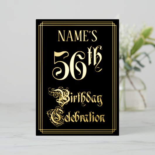 56ste verjaardagsfeest — Fancy Script & Eigen Naam Folie Uitnodiging (Staand Voorkant)