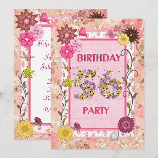 56ste verjaardagsfeestje met bloemenfeest lijst kaart (Voorkant / Achterkant)